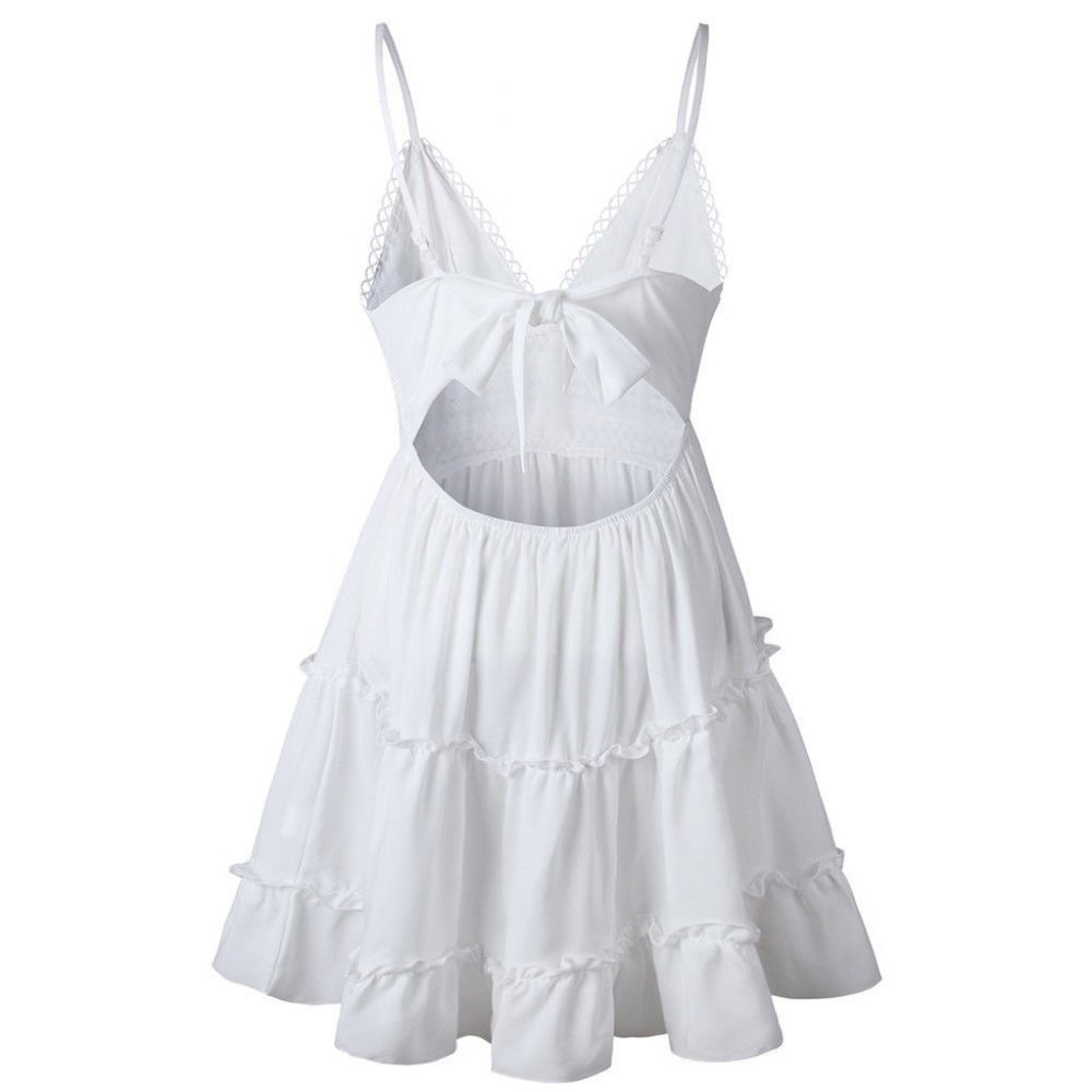 Boho Summer Sexy Strappy Lace White Mini Dress - Picture 5 of 6